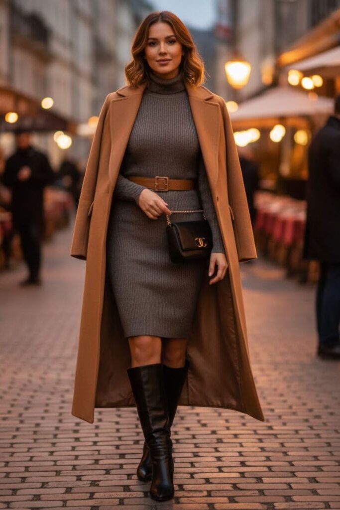 1. Turtleneck Dress with Knee-High Boots