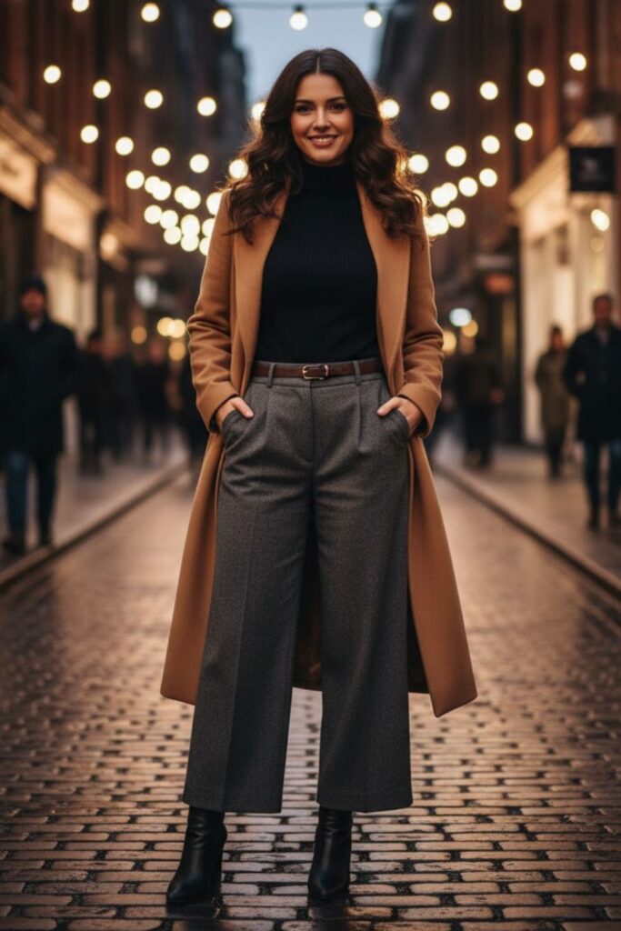 1. Turtleneck Sweater with High-Waisted Trousers