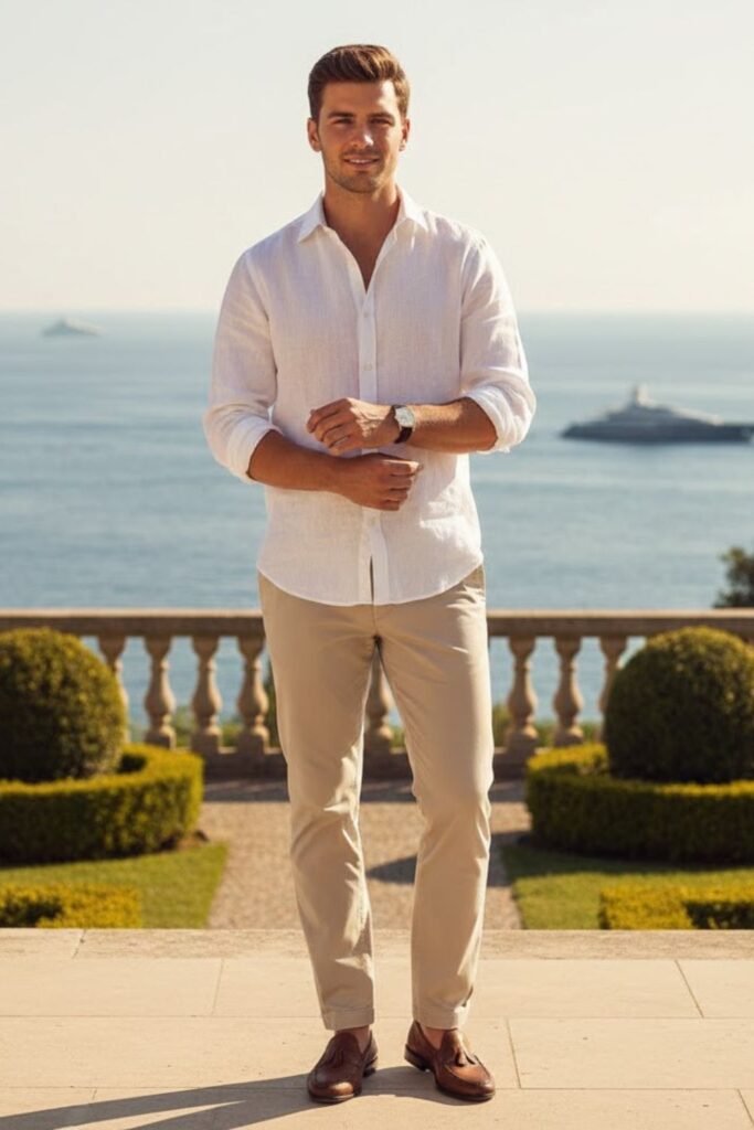 1. White Linen Shirt with Beige Chinos and Loafers
