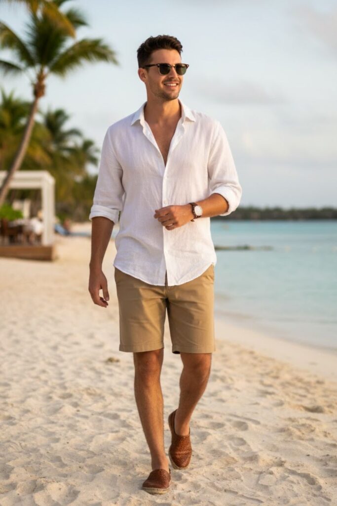 1. White Linen Shirt with Khaki Shorts