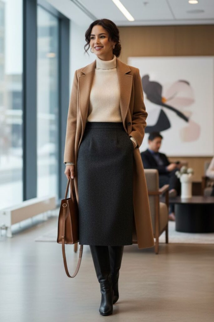 1. Wool Midi Skirt with Knee-High Leather Boots