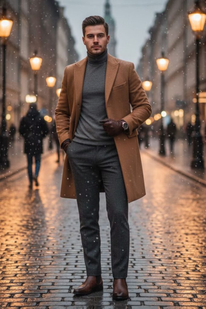 1. Wool Overcoat with Turtleneck and Dress Pants