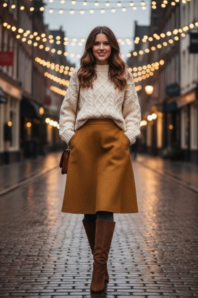 10. A-Line Midi Skirt with Cable Knit Sweater