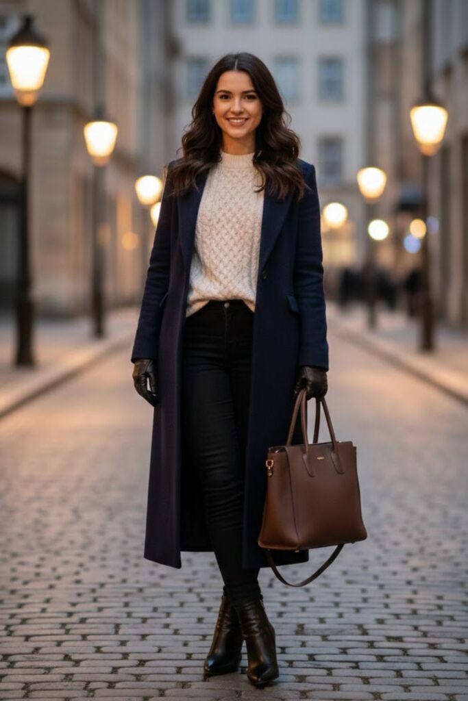 10. Black Jeans with Cable Knit Sweater and Long Coat