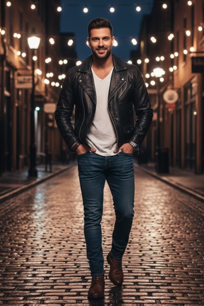 10. Blue Jeans with Leather Jacket
