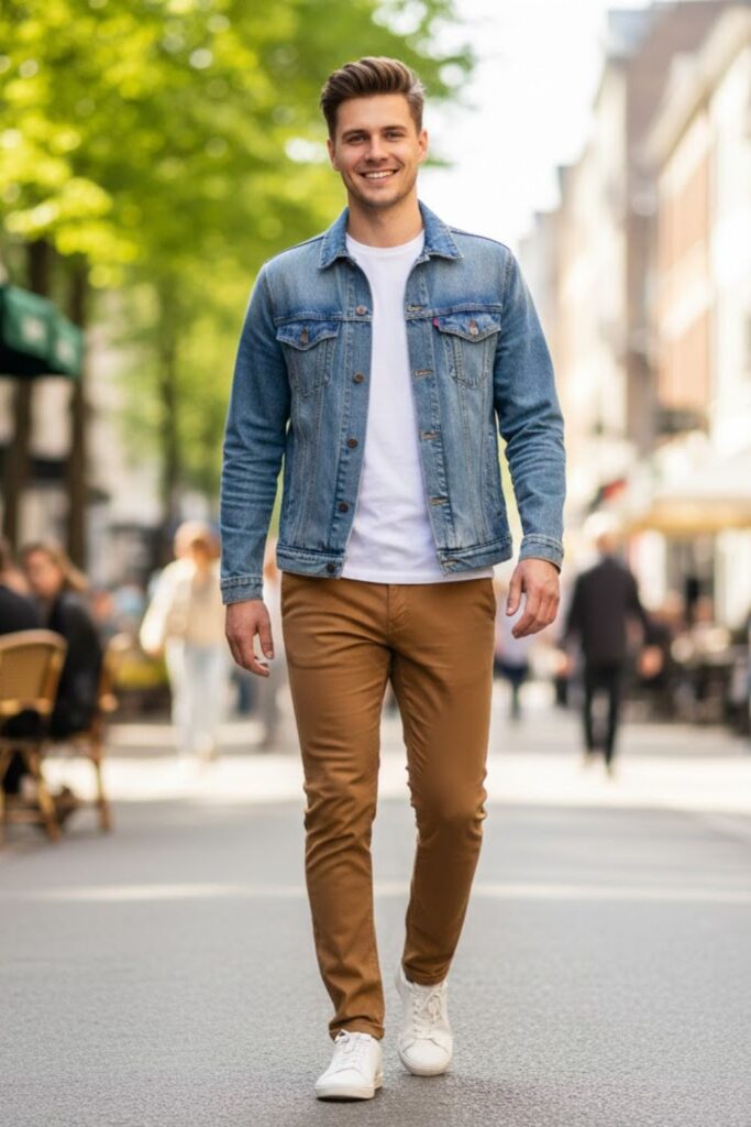 10. Brown Pants with Denim Jacket