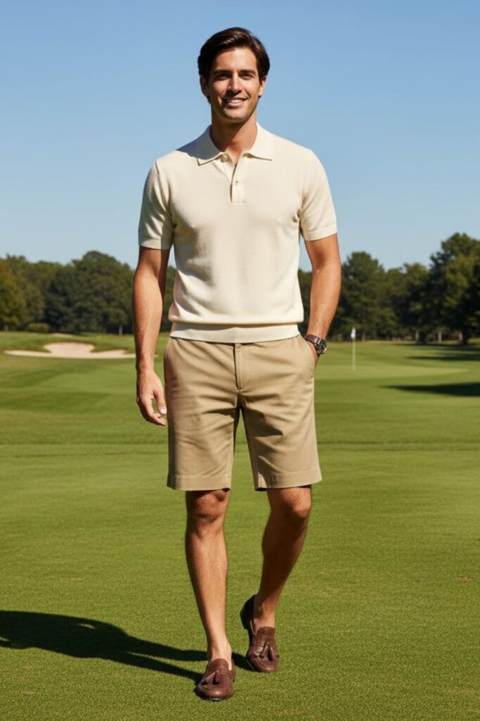 10. Cream Knit Polo with Khaki Shorts