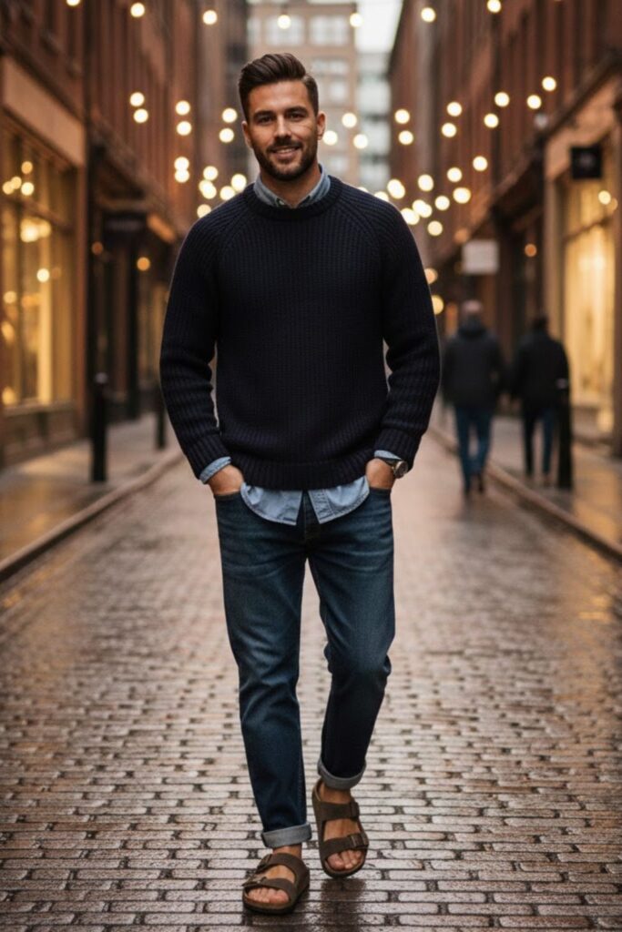 10. Crewneck Sweater, Relaxed Jeans, and Birkenstocks