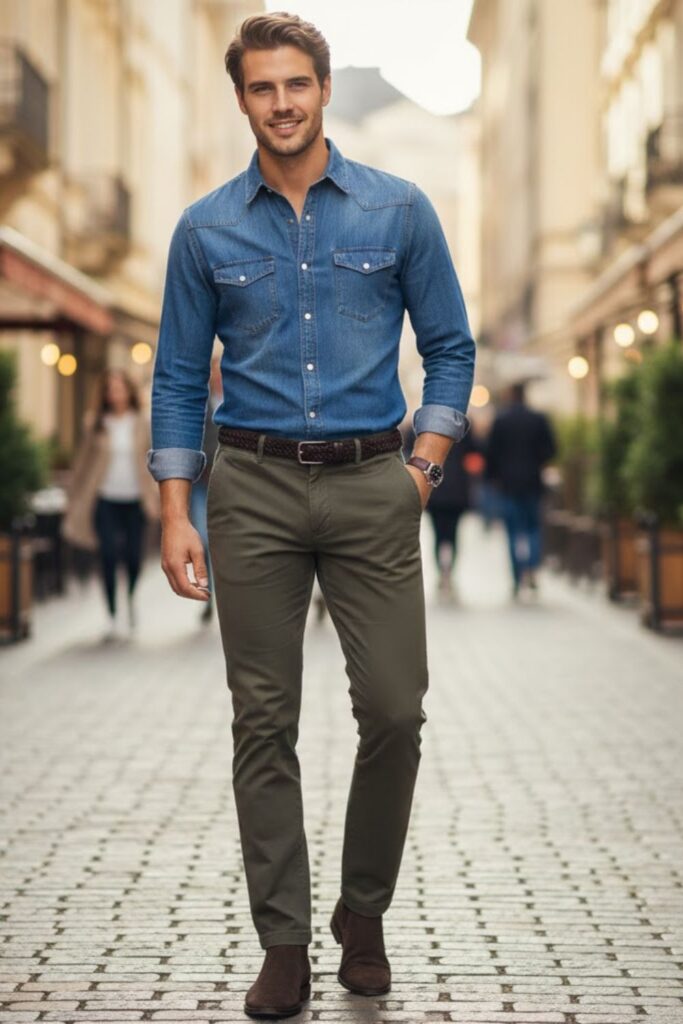 10. Denim Shirt with Dark Chinos