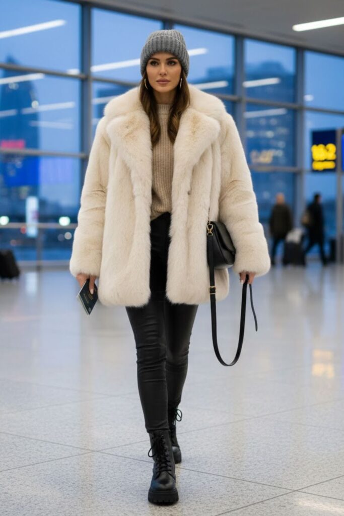10. Faux Fur Coat with Leggings and Beanie