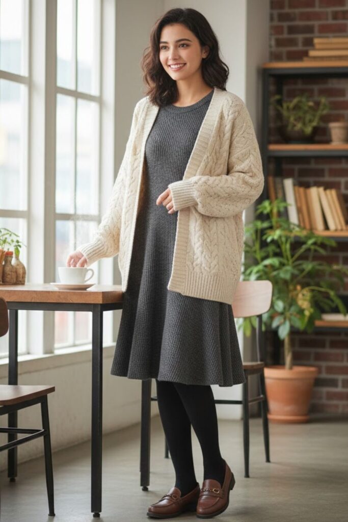 10. Grey A-Line Dress with Cardigan and Opaque Tights