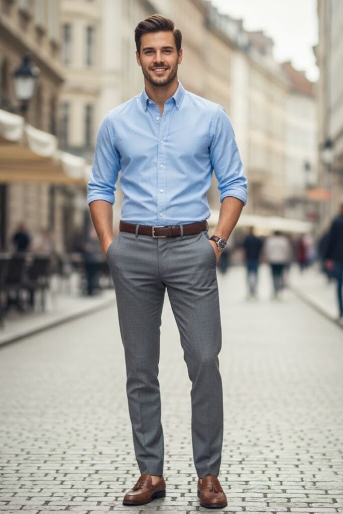 10. Grey Pants with Blue Oxford Shirt