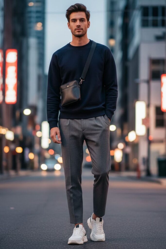 10. Grey Tailored Pants with Sweatshirt