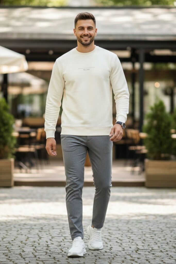 10. Grey Trousers with Sweatshirt and Trainers