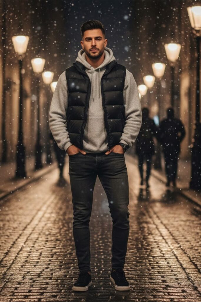 10. Hoodie with Puffer Vest and Jeans