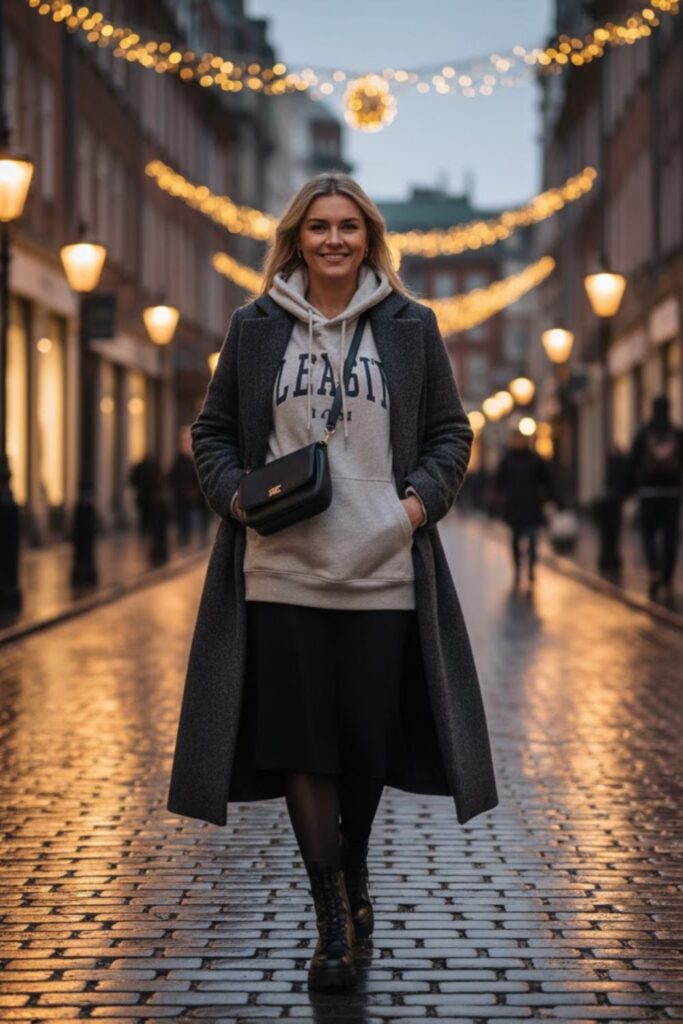 10. Layered Look with Hoodie and Long Coat