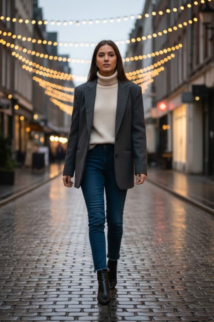 10. Oversized Blazer with Turtleneck and Jeans