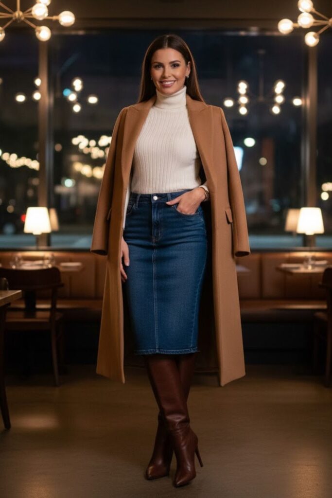 10. Pencil Denim Skirt with Turtleneck and Knee-High Boots