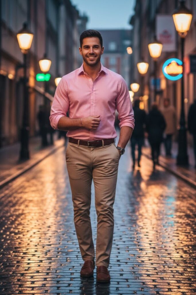 10. Pink Shirt with Khaki Pants