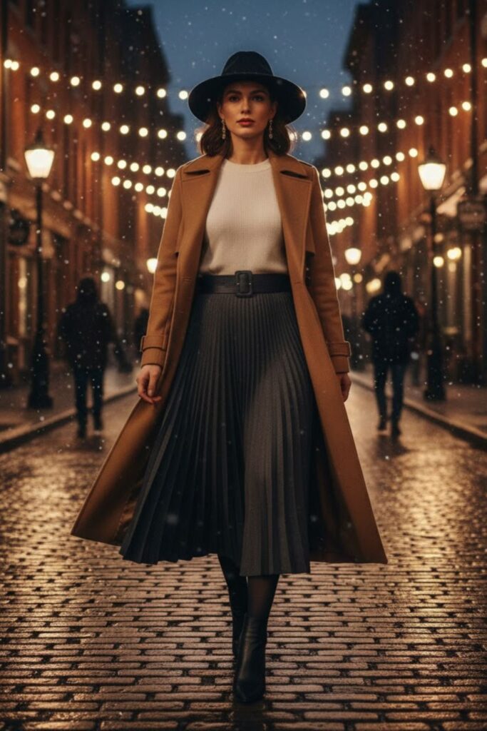 10. Pleated Maxi Skirt with Belted Trench Coat