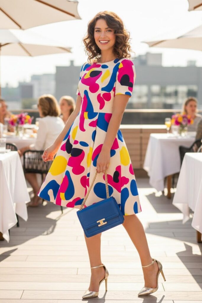 10. Printed Dress with Structured Bag