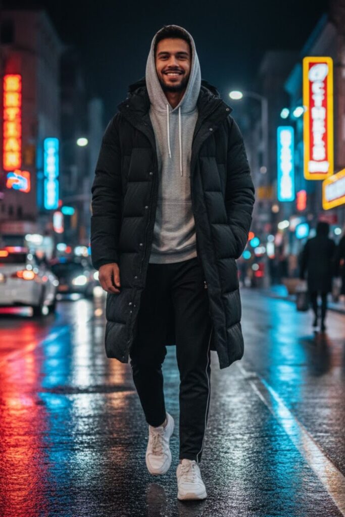 10. Puffer Coat with Track Pants and Sneakers