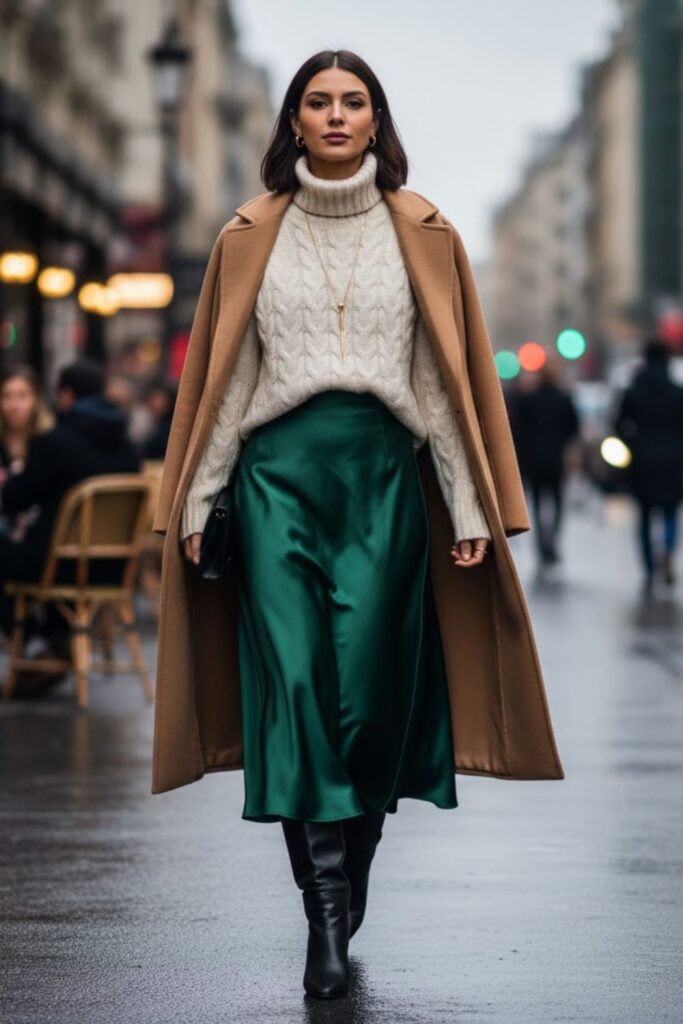 10. Satin Maxi Skirt with a Knit Turtleneck