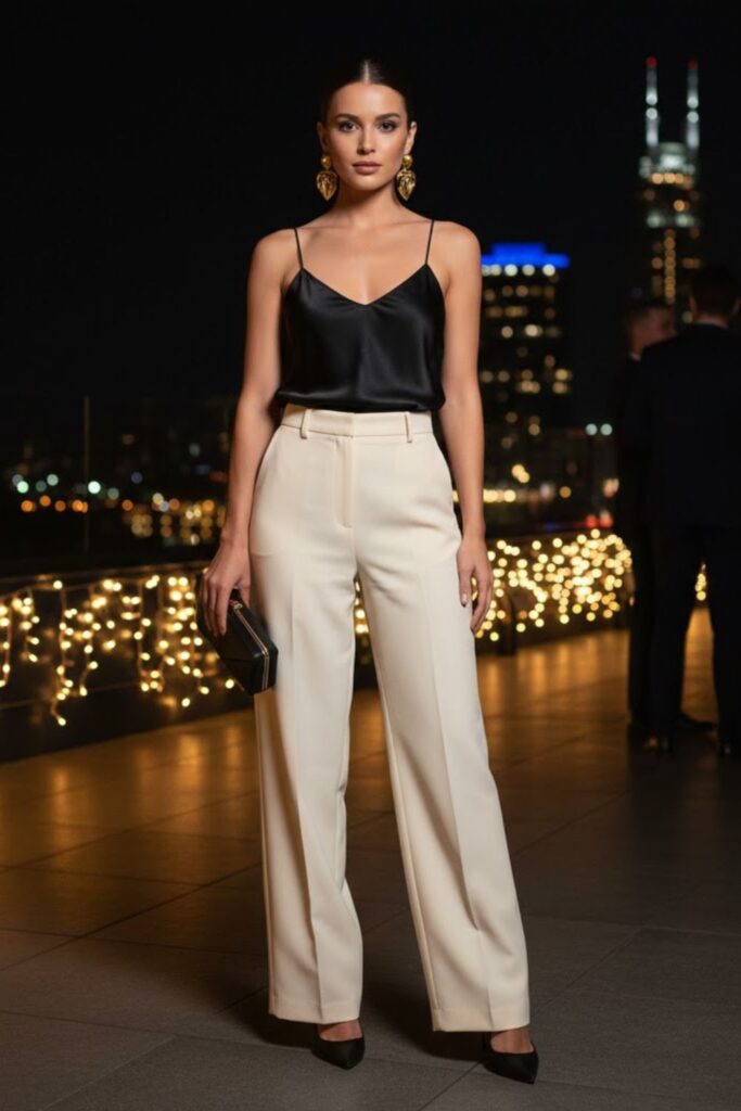 10. Silk Camisole with High-Waist Trousers