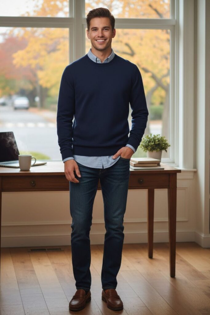 10. Sweater over Collared Shirt with Jeans