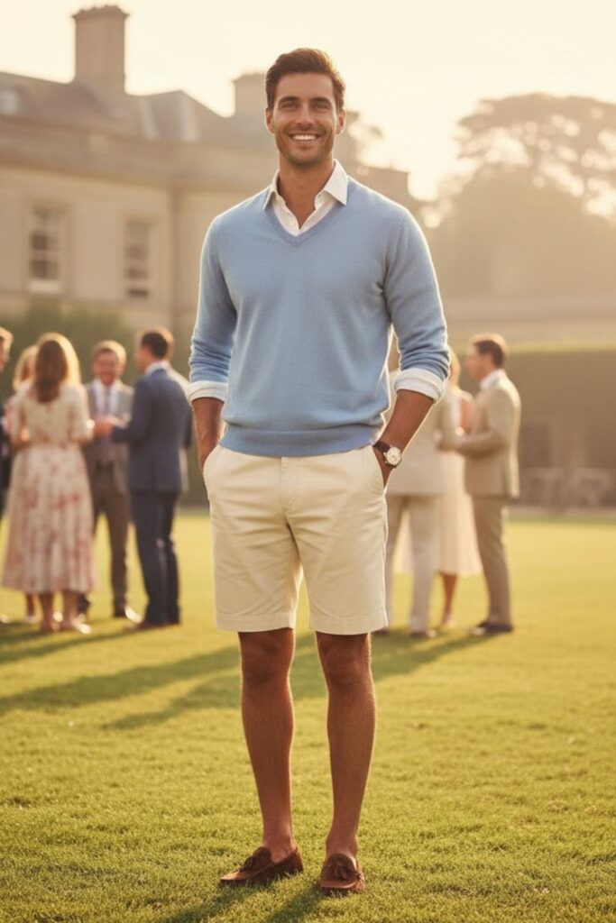 10. The V-Neck Sweater with Tailored Shorts