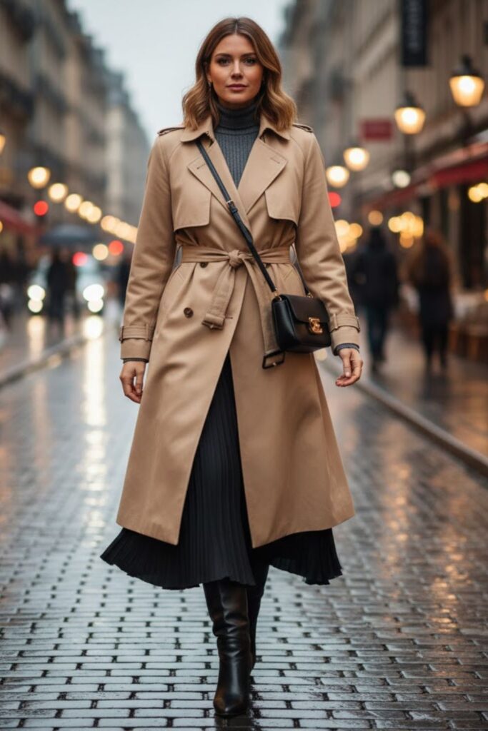 10. Trench Coat and Pleated Black Skirt