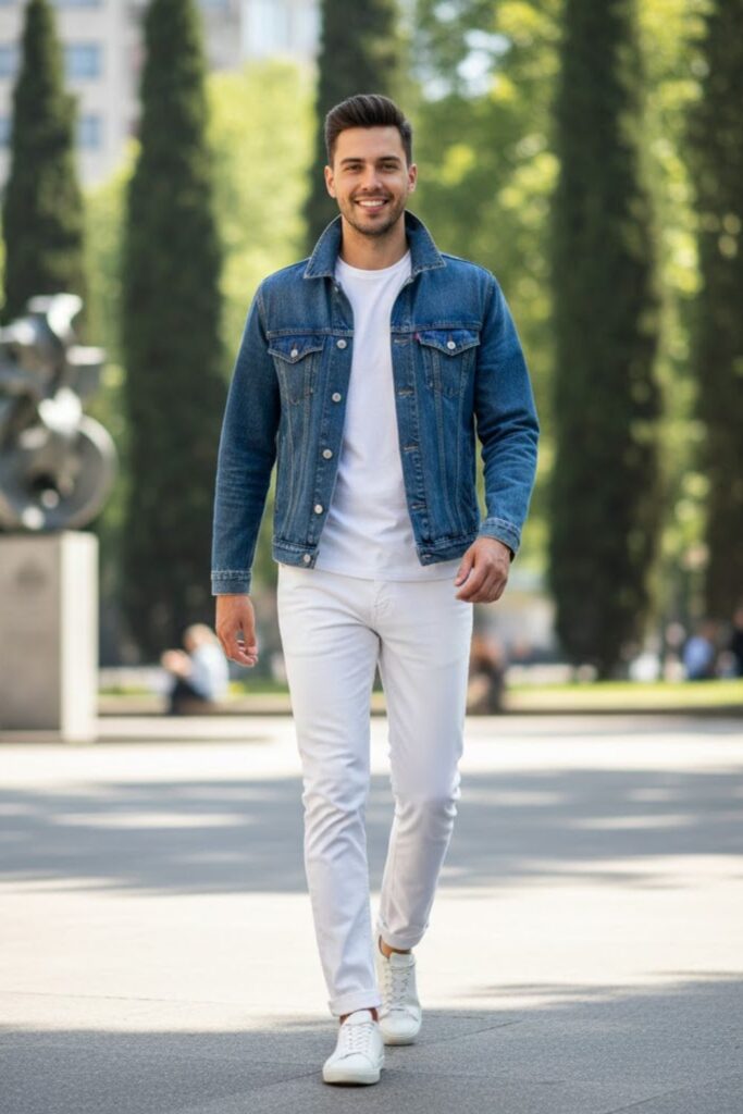 10. White Pants with Denim Jacket