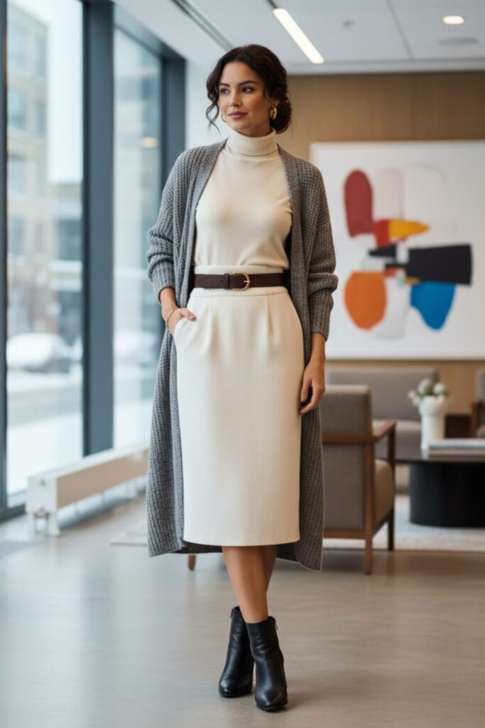 10. White Pencil Skirt with Longline Cardigan