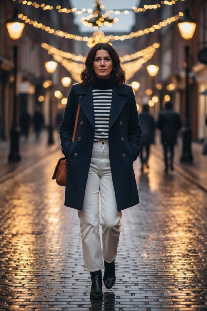10. White Wide-Leg Pants with Striped Sweater and Peacoat