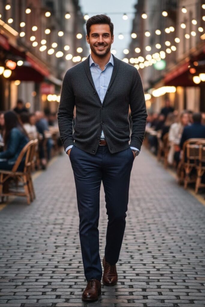 10. Wool Cardigan with Oxford Shirt and Dress Pants