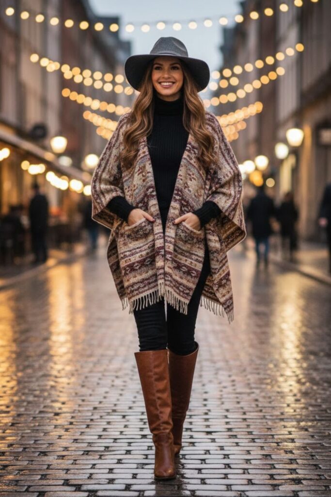 10. Wool Poncho over Skinny Pants