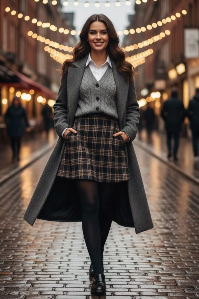 11. A-Line Skirt with Button-Up Shirt and Sweater Vest