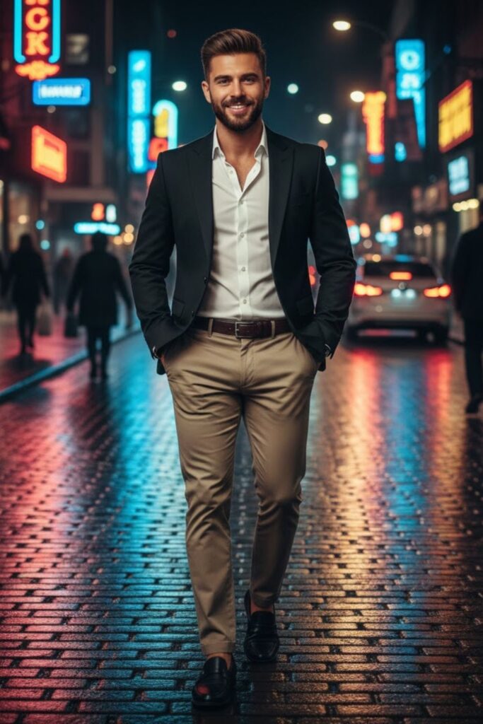 11. Black Blazer with Beige Trousers and White Shirt
