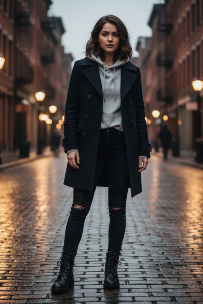 11. Black Jeans with Hoodie and Peacoat