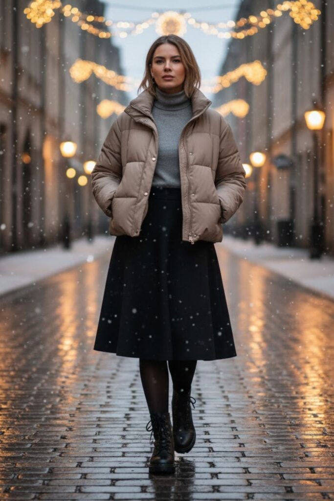 11. Black Wool Skirt with Puffer Jacket