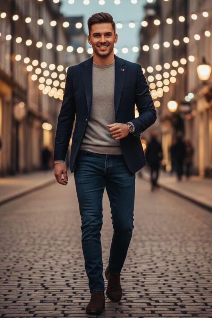 11. Blazer with Crewneck Sweater and Jeans