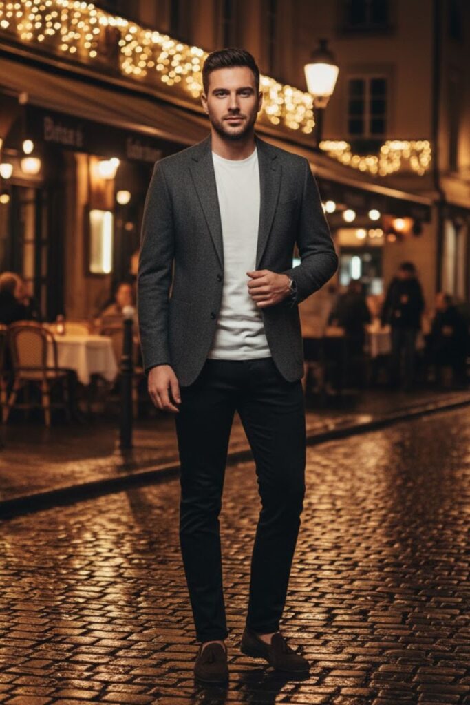 11. Blazer with T-Shirt and Trousers (Men’s Option)