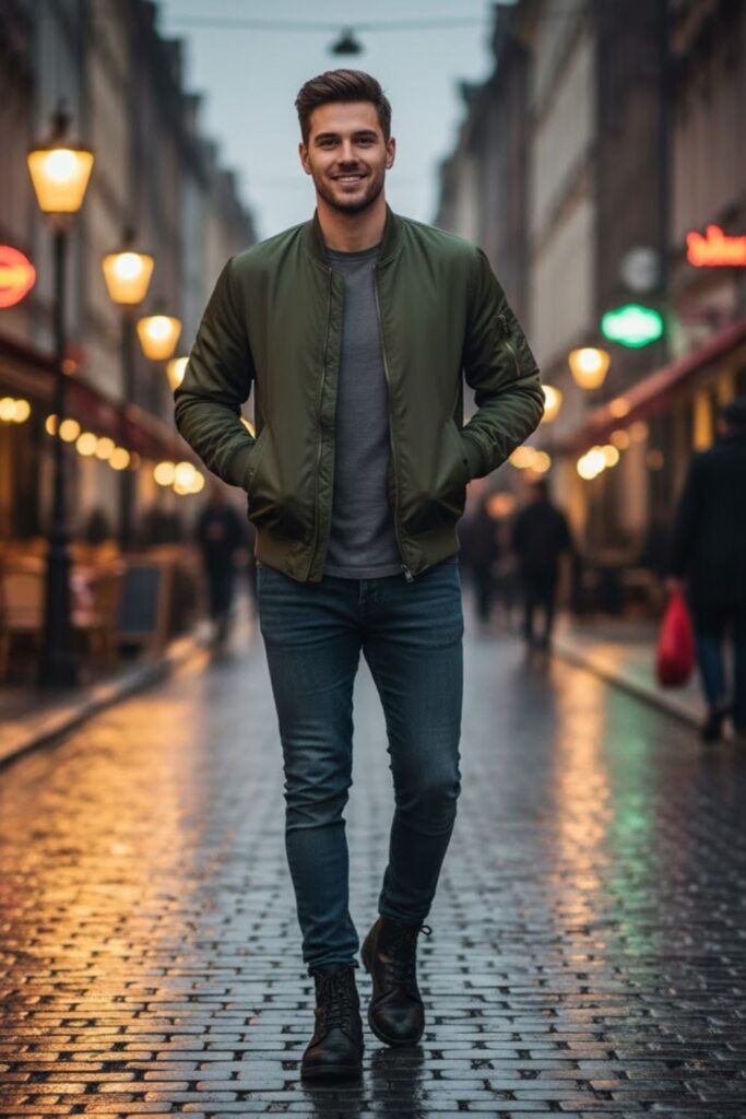 11. Bomber Jacket with T-Shirt and Boots