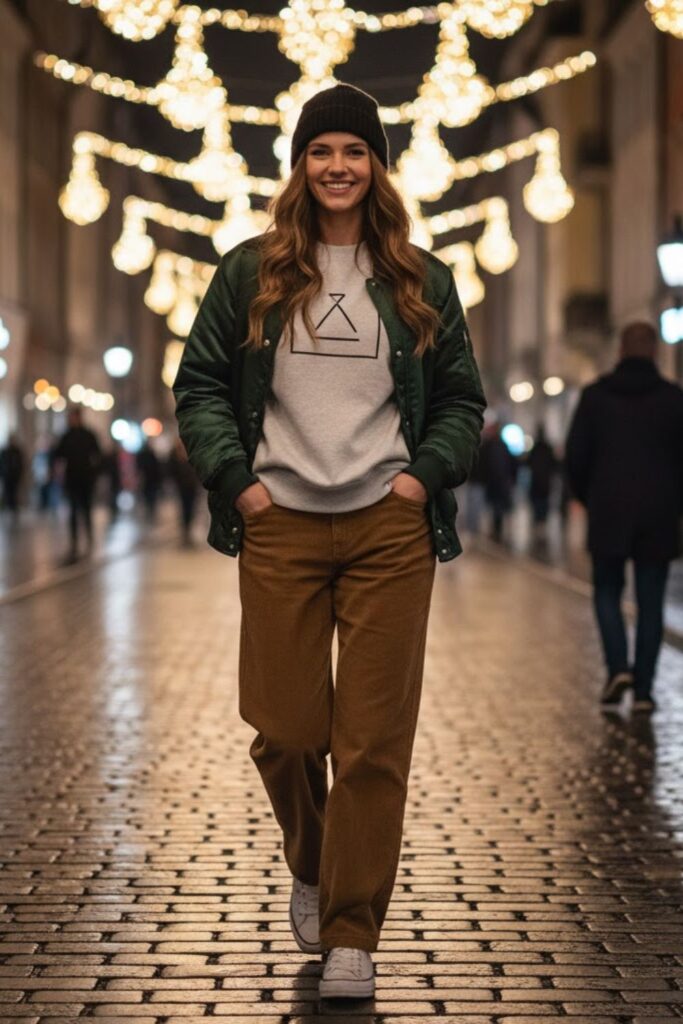 11. Brown Corduroy Pants with a Graphic Sweatshirt and Bomber Jacket