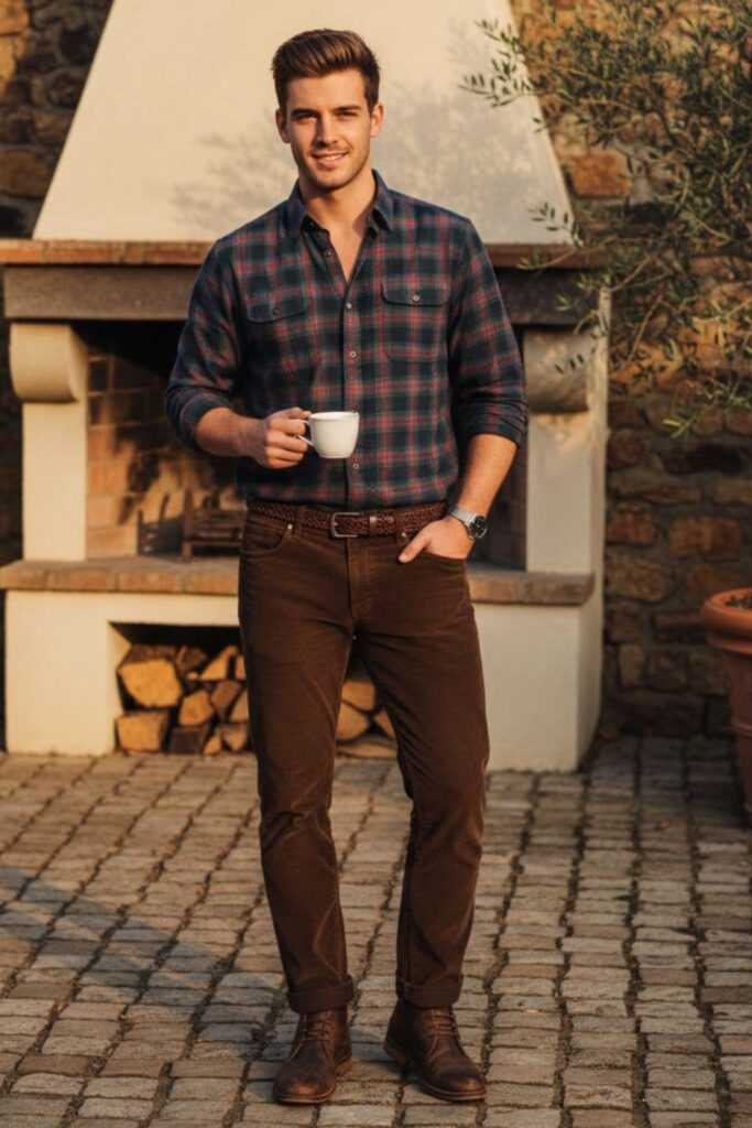 11. Brown Pants with Checked Shirt