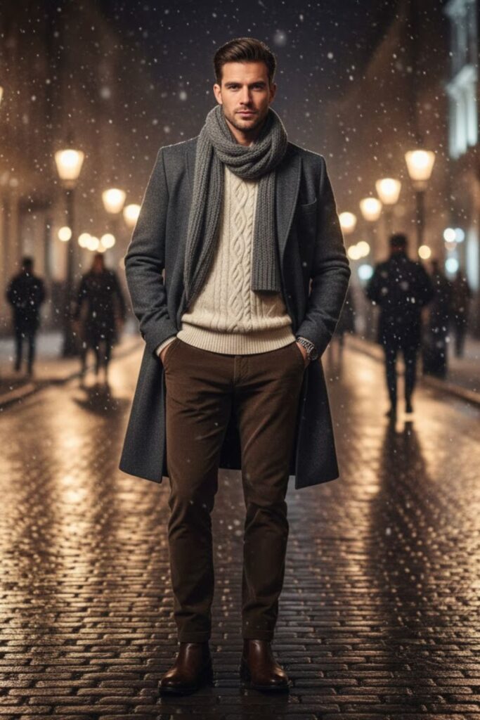 11. Cable-Knit Sweater with Coat and Scarf