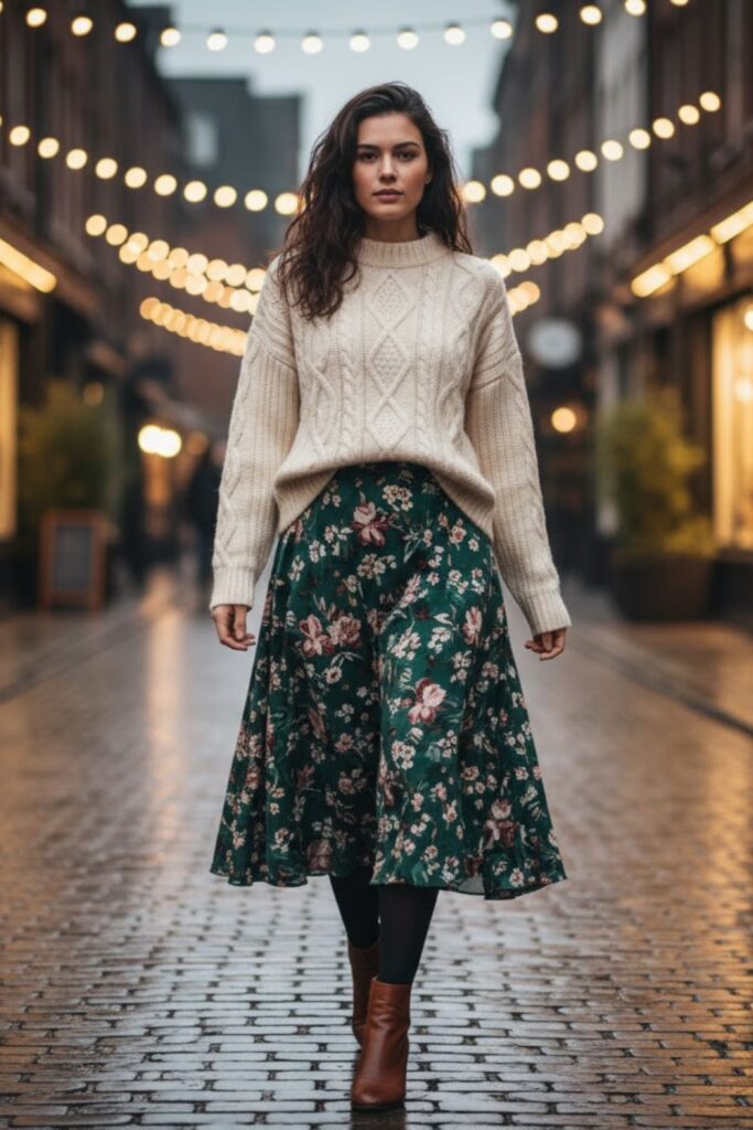 11. Cable Knit Sweater with Midi Skirt