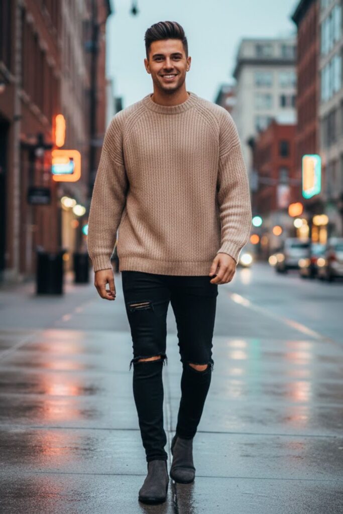 11. Chelsea Boots with Ripped Jeans and an Oversized Sweater