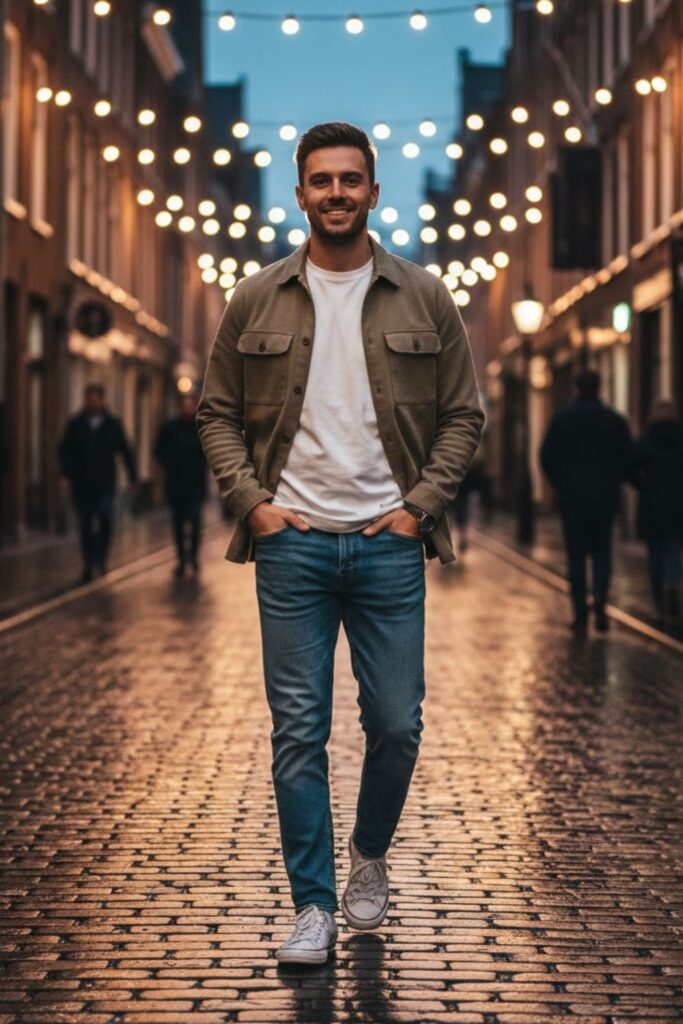 11. Converse with Overshirt and Straight-Leg Jeans