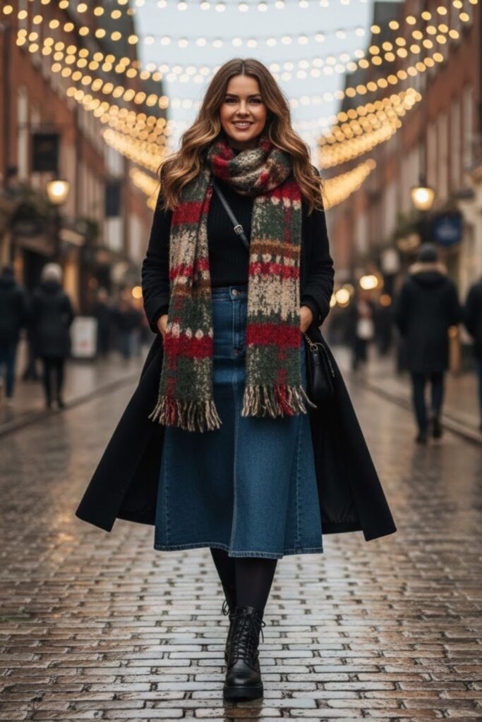 11. Denim Midi Skirt with Long Sleeve Top and Scarf